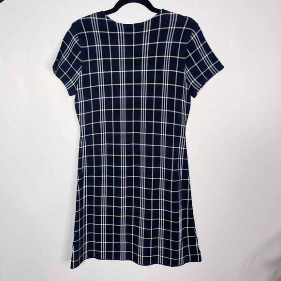 Theory Large Navy Blue Black Branteen JP Lustrate Knit Plaid Dress Short Sleeve - Picture 2 of 9